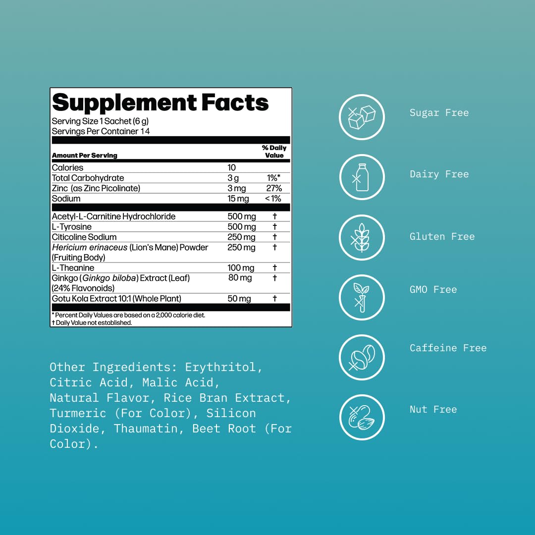 Mikra Clarity Nootropic Focus Drink Mix - Daily Cognitive & Calm Support Formula with Citicoline, Lion’s Mane & L-Theanine - Calm Drink Mix & Focus Aid for Energy and Clarity - 14 Single-Serve Sachets - Maple Wellness Supplements