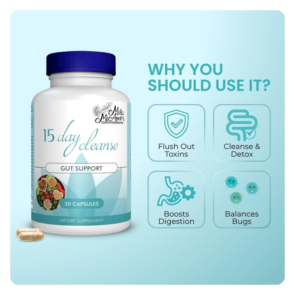 Mila Miamor 15 Day Cleanse - Gut and Colon Support - Advanced Gut Cleanse Detox for Women & Men with Senna, Cascara Sagrada & Psyllium Husk - Non-GMO - Made in USA - 30 Capsules - Maple Wellness Supplements