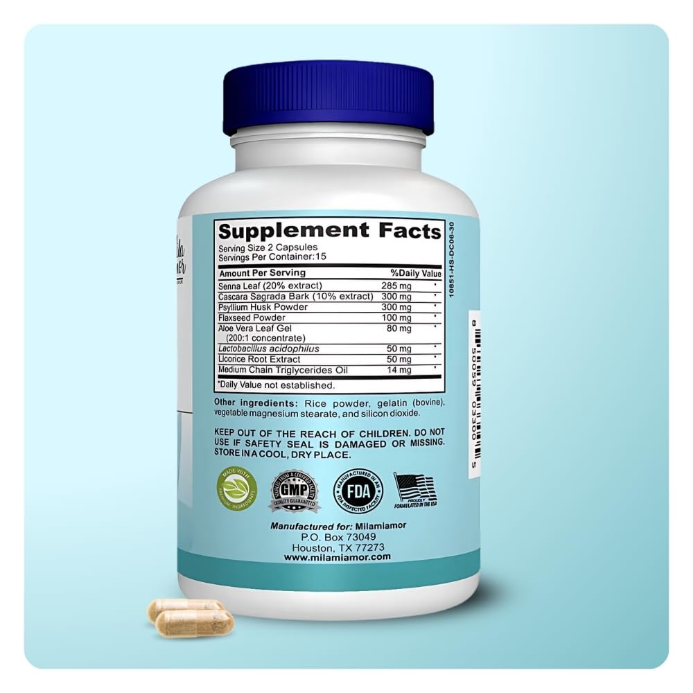 Mila Miamor 15 Day Cleanse - Gut and Colon Support - Advanced Gut Cleanse Detox for Women & Men with Senna, Cascara Sagrada & Psyllium Husk - Non-GMO - Made in USA - 30 Capsules - Maple Wellness Supplements