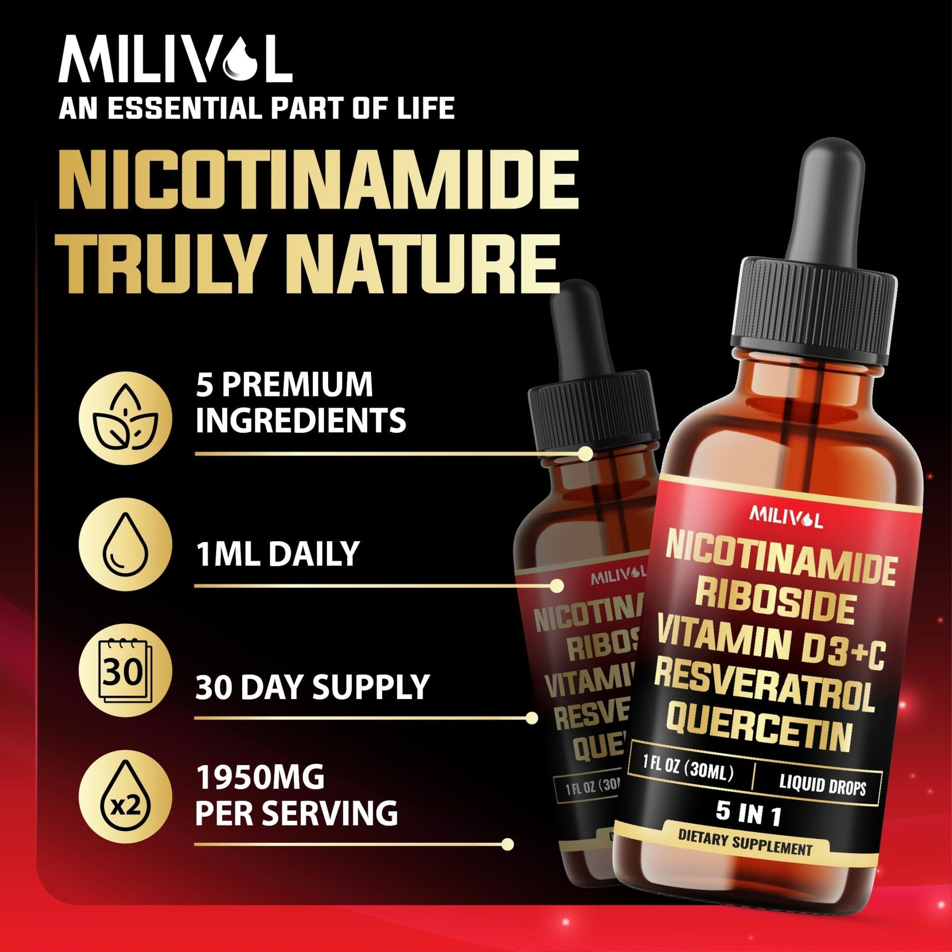 MILIVOL 5in1 NAD+ Liquid Drops w/Nicotinamide Riboside NR 900mg, Quercetin 500mg, Trans-resveratrol 500mg, Vitamin D3-C - Cellular Energy & Repair, Vitality, Healthy Aging - 1FL Oz - 1 Month Supply - Maple Wellness Supplements
