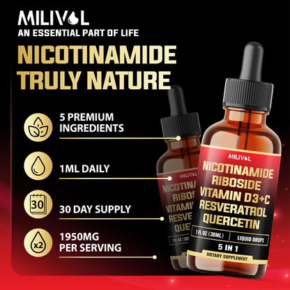 MILIVOL 5in1 NAD+ Liquid Drops w/Nicotinamide Riboside NR 900mg, Quercetin 500mg, Trans-resveratrol 500mg, Vitamin D3-C - Cellular Energy & Repair, Vitality, Healthy Aging - 1FL Oz - 1 Month Supply - Maple Wellness Supplements