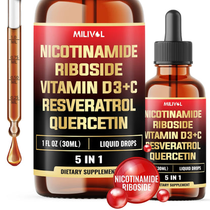 MILIVOL 5in1 NAD+ Liquid Drops w/Nicotinamide Riboside NR 900mg, Quercetin 500mg, Trans-resveratrol 500mg, Vitamin D3-C - Cellular Energy & Repair, Vitality, Healthy Aging - 1FL Oz - 1 Month Supply - Maple Wellness Supplements