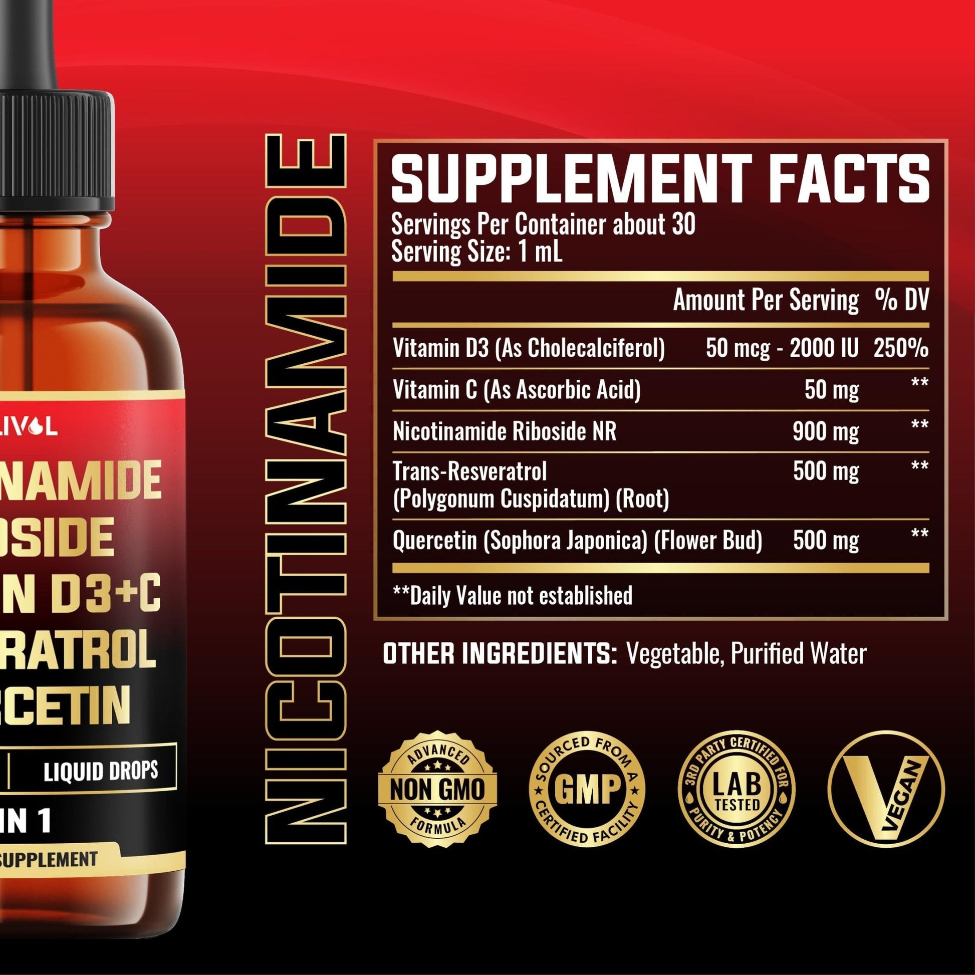 MILIVOL 5in1 NAD+ Liquid Drops w/Nicotinamide Riboside NR 900mg, Quercetin 500mg, Trans-resveratrol 500mg, Vitamin D3-C - Cellular Energy & Repair, Vitality, Healthy Aging - 1FL Oz - 1 Month Supply - Maple Wellness Supplements