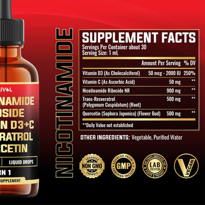 MILIVOL 5in1 NAD+ Liquid Drops w/Nicotinamide Riboside NR 900mg, Quercetin 500mg, Trans-resveratrol 500mg, Vitamin D3-C - Cellular Energy & Repair, Vitality, Healthy Aging - 1FL Oz - 1 Month Supply - Maple Wellness Supplements