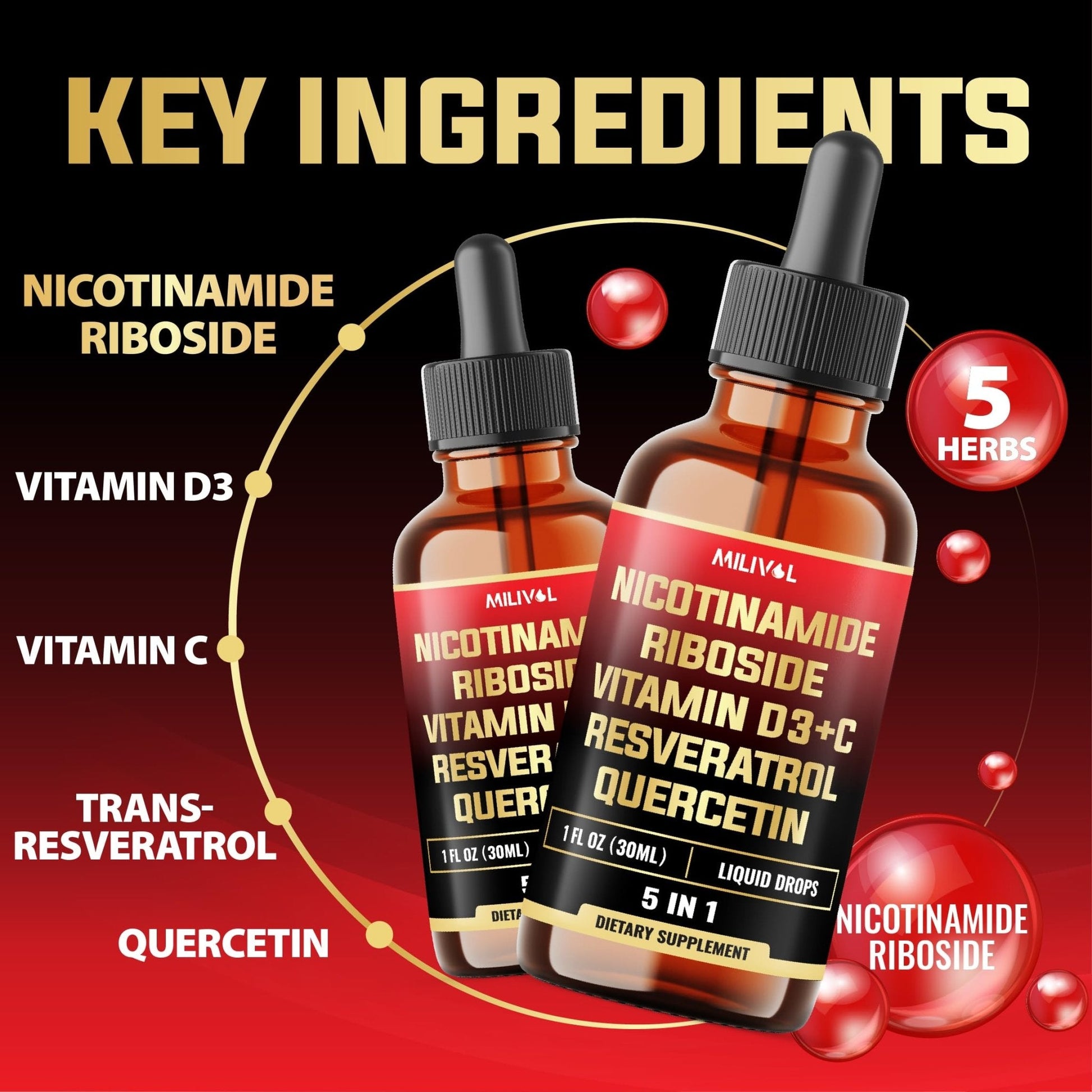 MILIVOL 5in1 NAD+ Liquid Drops w/Nicotinamide Riboside NR 900mg, Quercetin 500mg, Trans-resveratrol 500mg, Vitamin D3-C - Cellular Energy & Repair, Vitality, Healthy Aging - 1FL Oz - 1 Month Supply - Maple Wellness Supplements