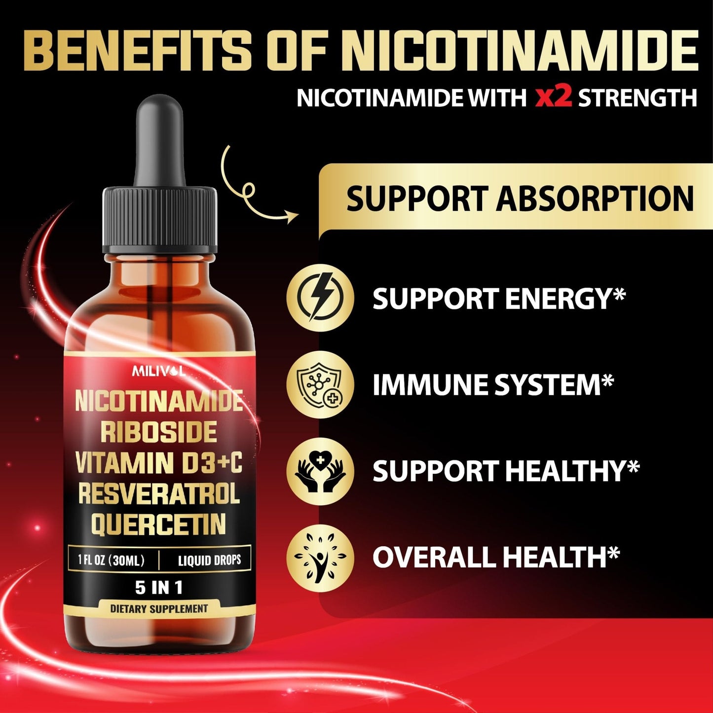 MILIVOL 5in1 NAD+ Liquid Drops w/Nicotinamide Riboside NR 900mg, Quercetin 500mg, Trans-resveratrol 500mg, Vitamin D3-C - Cellular Energy & Repair, Vitality, Healthy Aging - 1FL Oz - 1 Month Supply - Maple Wellness Supplements