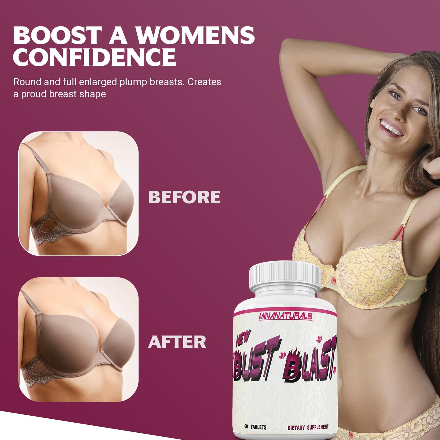 MINANATURALS Bust Blast Loaded Increase Breast Size Fast. Female Breast Enhancement - Bigger Boobs and Butt Pills. 60 Tablets - Maple Wellness Supplements