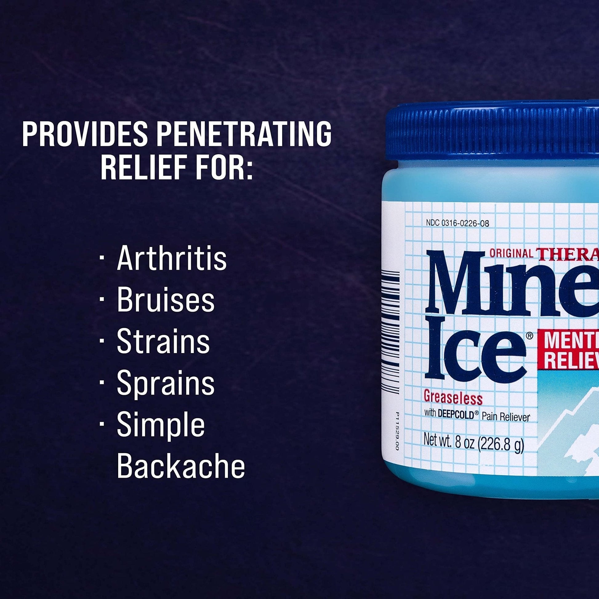 Mineral Ice Original Therapeutic Menthol Pain Relief Gel. Greaseless with "Deepcold" Pain Reliever. Provides Cooling & Penetrating Relief for Arthritis, Simple Backache, Strains & Sprains (8 Ounce) - Maple Wellness Supplements
