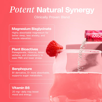 Mineral Moon Premium Menstruation Support - 14 Sachets Raspberry Drink - Hormonal Balance & PMS Support - Reduce Period Cramps, Fatigue & Nausea -with Magnesium Bisglycinate, BenfoPure B1 & Vitamin B6 - Maple Wellness Supplements