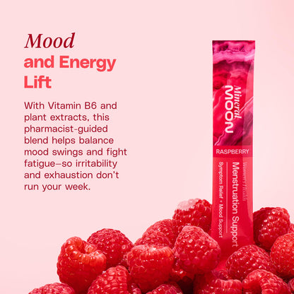 Mineral Moon Premium Menstruation Support - 14 Sachets Raspberry Drink - Hormonal Balance & PMS Support - Reduce Period Cramps, Fatigue & Nausea -with Magnesium Bisglycinate, BenfoPure B1 & Vitamin B6 - Maple Wellness Supplements