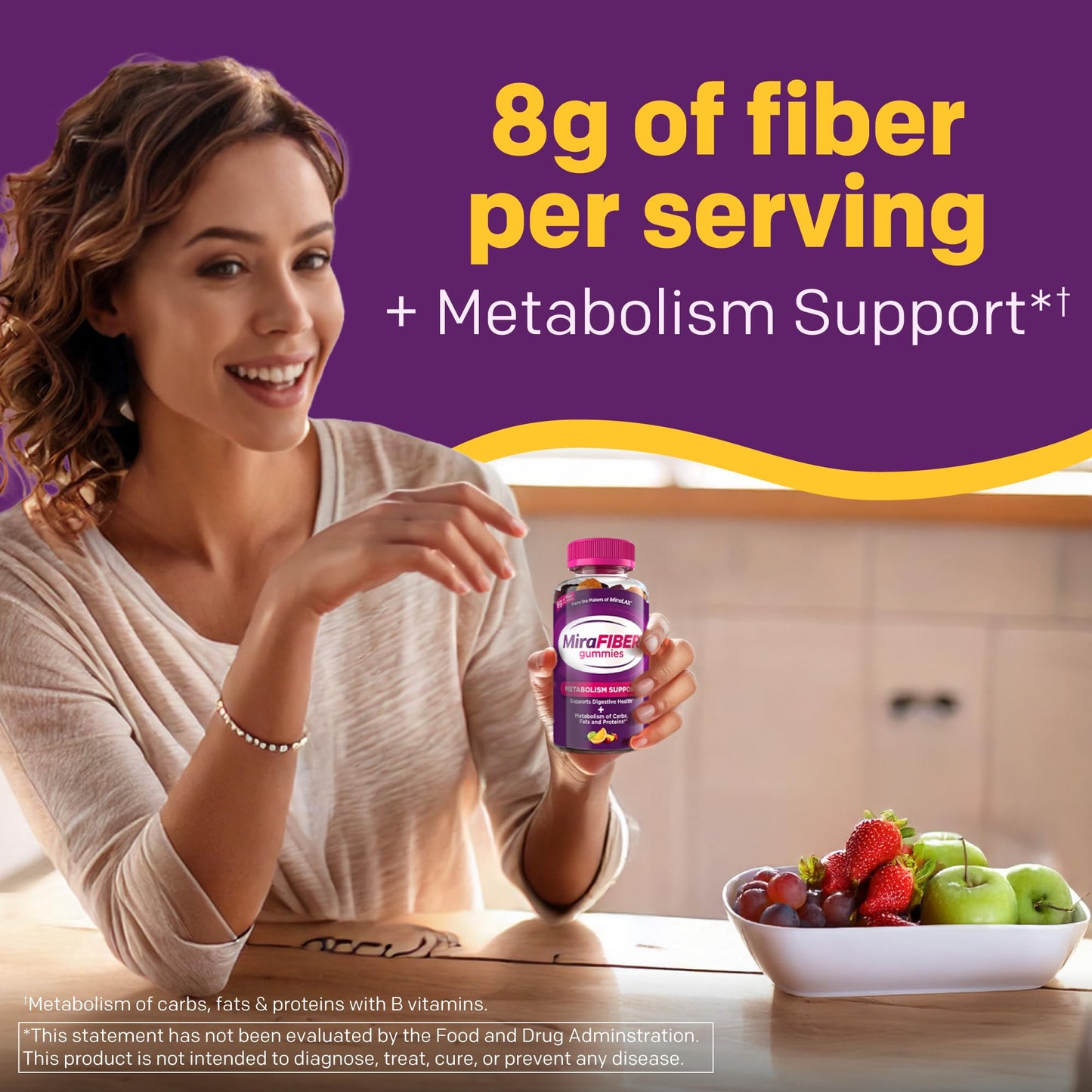 MiraFIBER Gummies from The Makers of MiraLAX, 8g of Daily Fiber Per Serving, Metabolism Support with B Vitamins, Gut Health for Men & Women - Maple Wellness Supplements