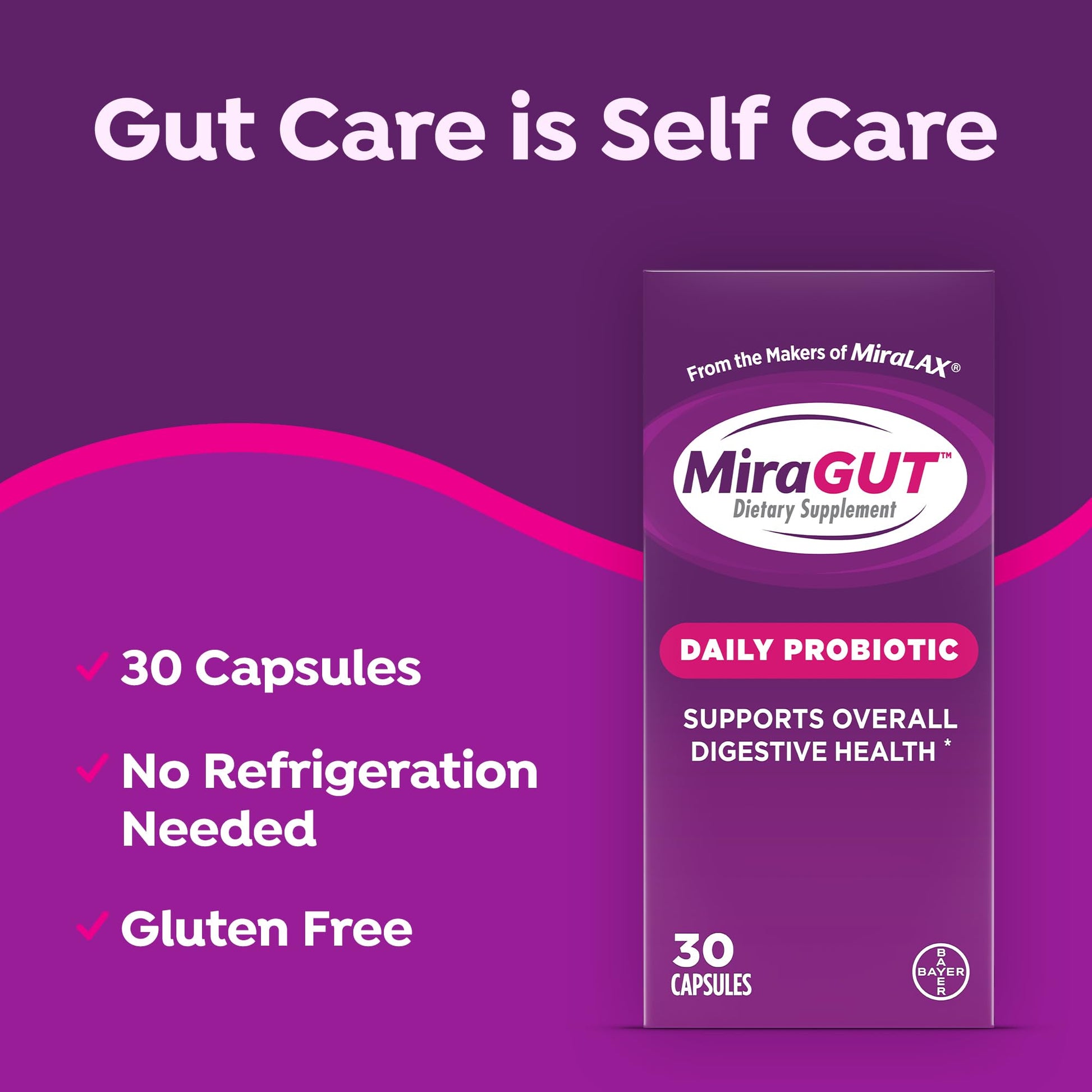 MiraGUT Daily Probiotic, from the Makers of MiraLAX, Probiotics for Digestive Health, Gluten-Free Supplement, Probiotic for Women and Men - Maple Wellness Supplements