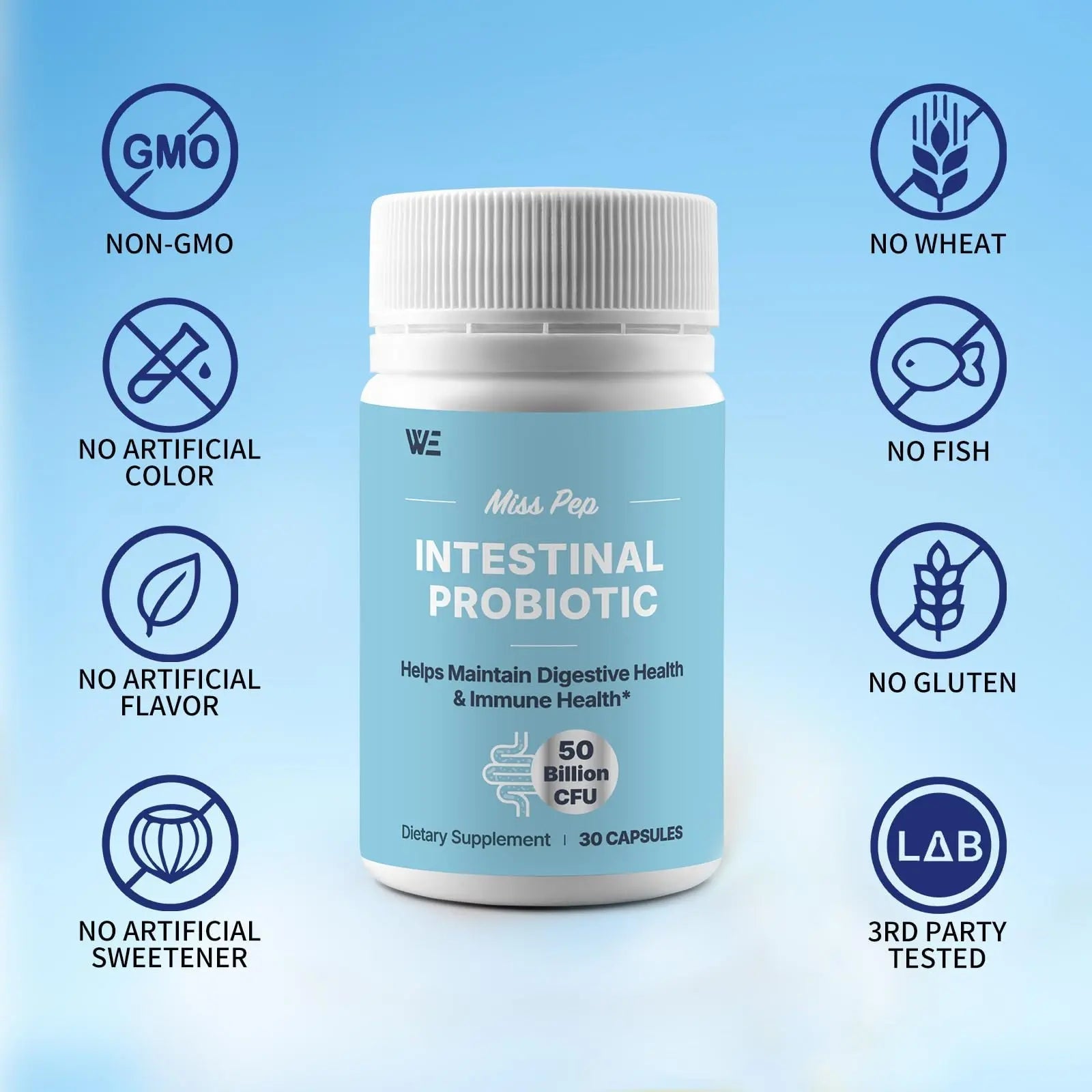 MISS PEP Probiotics 50 Billion CFU - 8 Unique Strains + 3 Prebiotics - Immune, Digestive & Gut Health - Supports Occasional Constipation, Diarrhea, Gas & Bloating - Probiotics for Women & Men - 30ct - Maple Wellness Supplements