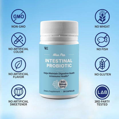 MISS PEP Probiotics 50 Billion CFU - 8 Unique Strains + 3 Prebiotics - Immune, Digestive & Gut Health - Supports Occasional Constipation, Diarrhea, Gas & Bloating - Probiotics for Women & Men - 30ct - Maple Wellness Supplements