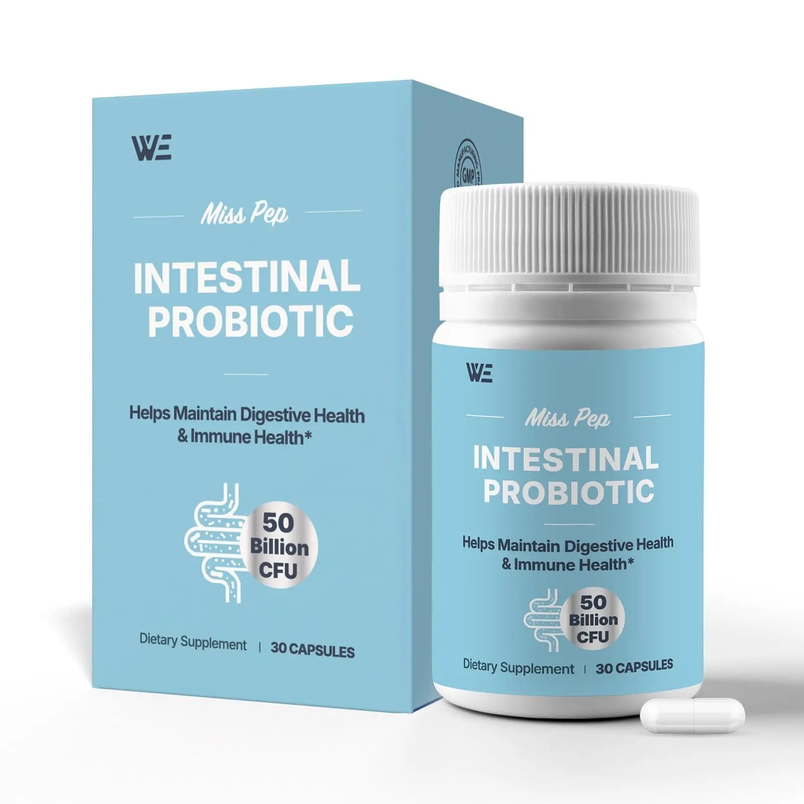 MISS PEP Probiotics 50 Billion CFU - 8 Unique Strains + 3 Prebiotics - Immune, Digestive & Gut Health - Supports Occasional Constipation, Diarrhea, Gas & Bloating - Probiotics for Women & Men - 30ct - Maple Wellness Supplements