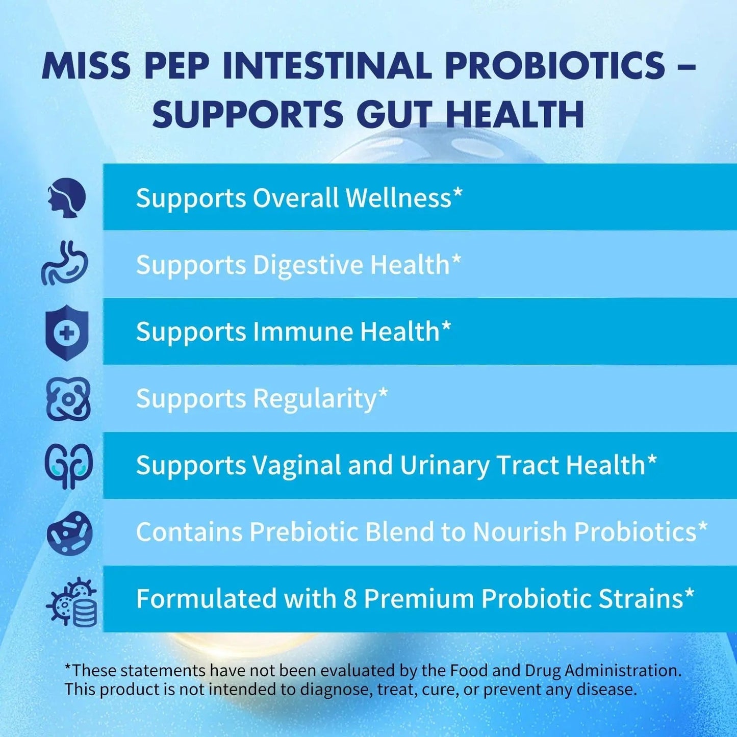 MISS PEP Probiotics 50 Billion CFU - 8 Unique Strains + 3 Prebiotics - Immune, Digestive & Gut Health - Supports Occasional Constipation, Diarrhea, Gas & Bloating - Probiotics for Women & Men - 30ct - Maple Wellness Supplements