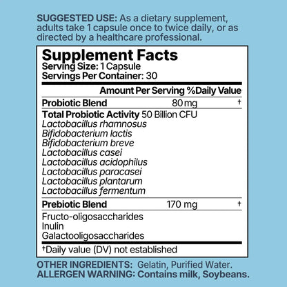 MISS PEP Probiotics 50 Billion CFU - 8 Unique Strains + 3 Prebiotics - Immune, Digestive & Gut Health - Supports Occasional Constipation, Diarrhea, Gas & Bloating - Probiotics for Women & Men - 30ct - Maple Wellness Supplements