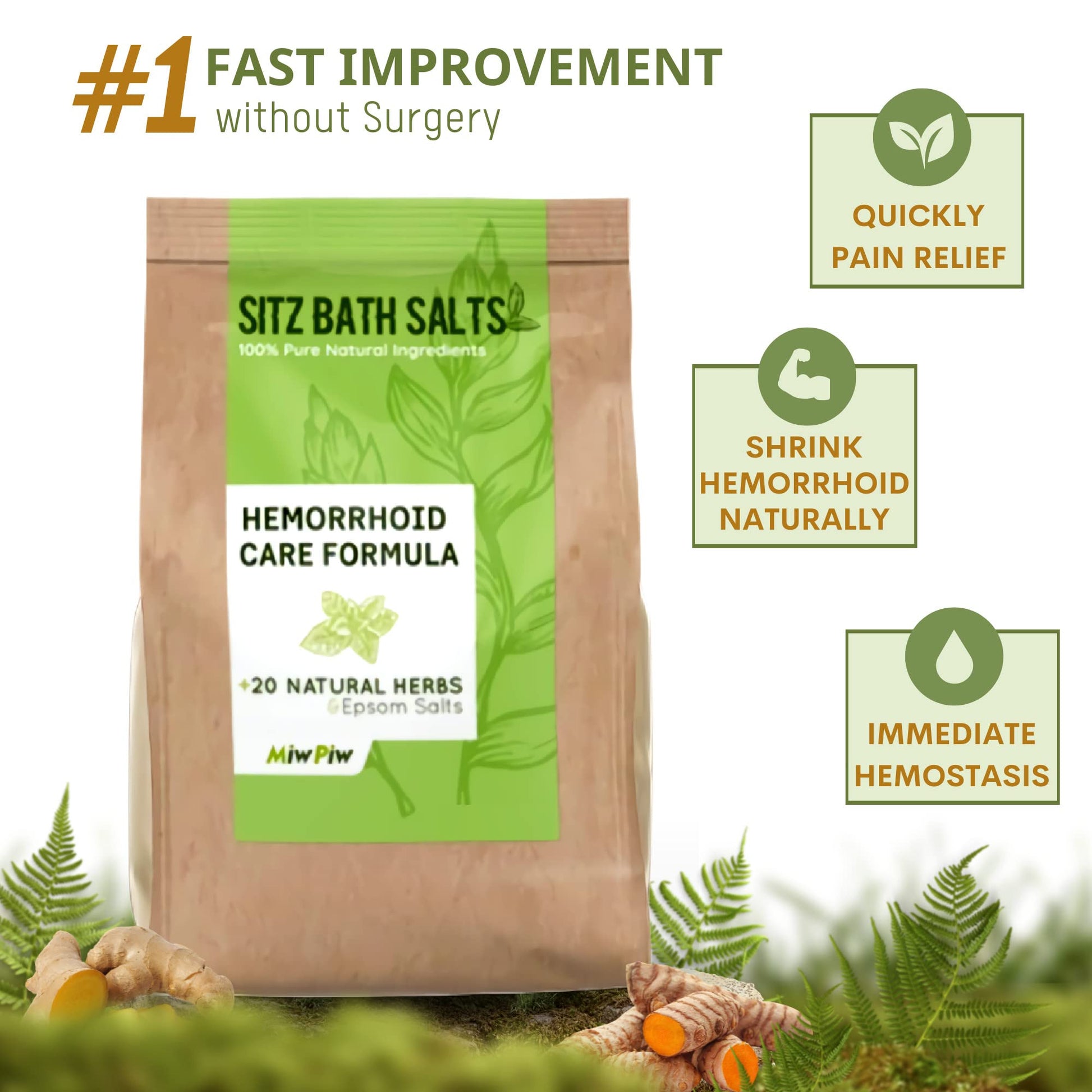 Miw Piw Sitz Bath Salts for Hemorrhoids 15.6 Oz- Soothing Relieving Bleeding Shrinking Internal External Treatment +20 Natural Herbs, Epsom Salt - Suppositories Remedy Postpartum Fissure - Maple Wellness Supplements