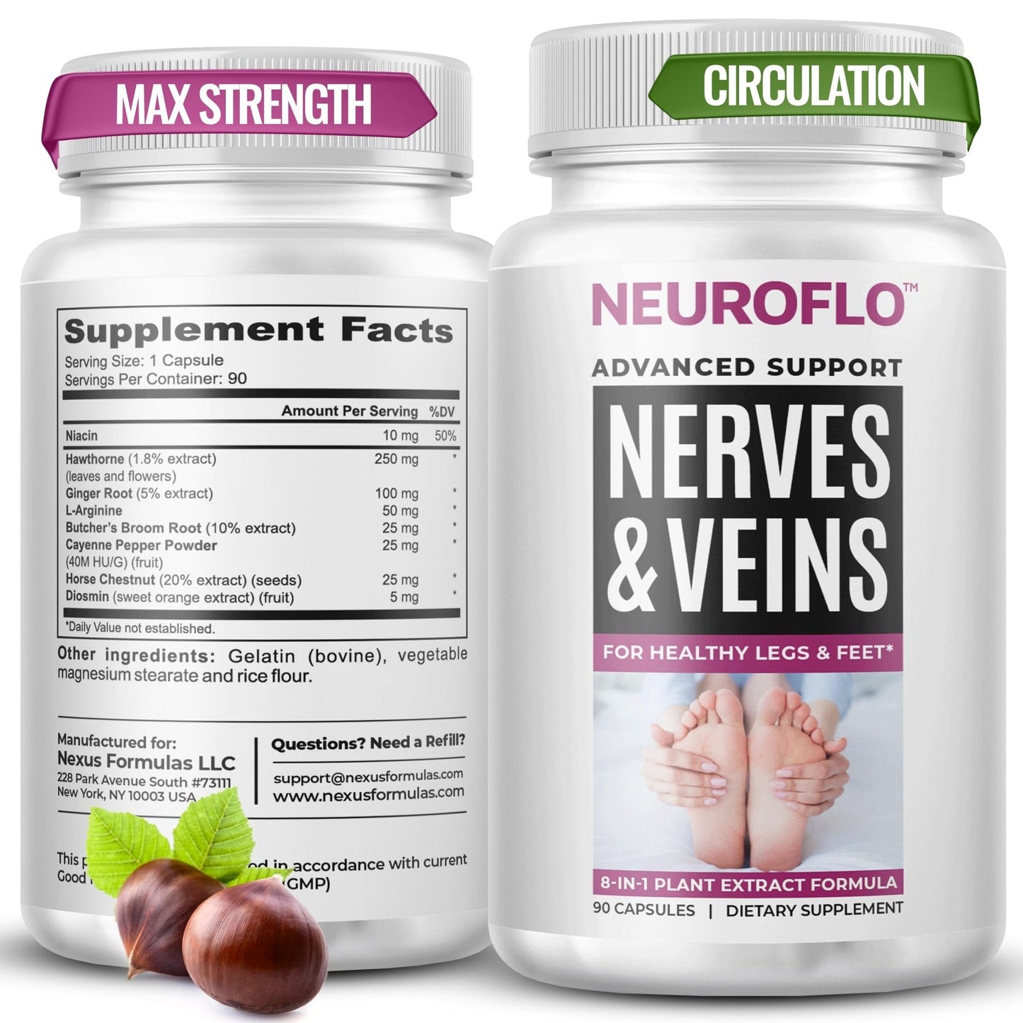 Mizzle Leg Circulation Supplement - Supports Nerves, Veins with 1470mg, 8 in 1 Capsule of Chestnut, Diosmin, Hawthorn for Maximum Relief in Toes, Feet, Ankles, Calves, Legs - Neuroflo - Maple Wellness Supplements