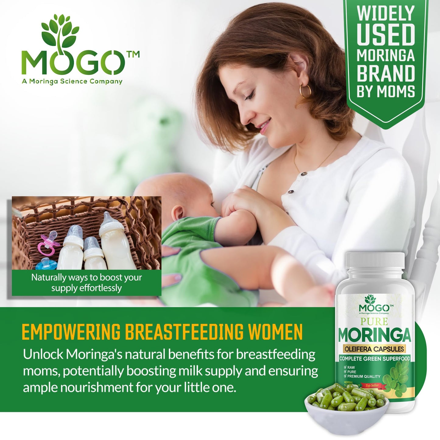 MOGO Moringa Capsules -180 Ct| Boost Energy, Immune, Gut, Joint Support | Made with Pure Organic Moringa Powder Organic Capsules | Made in USA - Maple Wellness Supplements