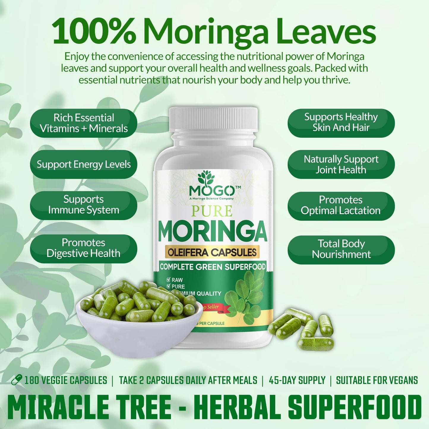 MOGO Moringa Capsules -180 Ct| Boost Energy, Immune, Gut, Joint Support | Made with Pure Organic Moringa Powder Organic Capsules | Made in USA - Maple Wellness Supplements