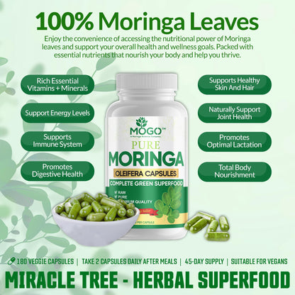 MOGO Moringa Capsules -180 Ct| Boost Energy, Immune, Gut, Joint Support | Made with Pure Organic Moringa Powder Organic Capsules | Made in USA - Maple Wellness Supplements
