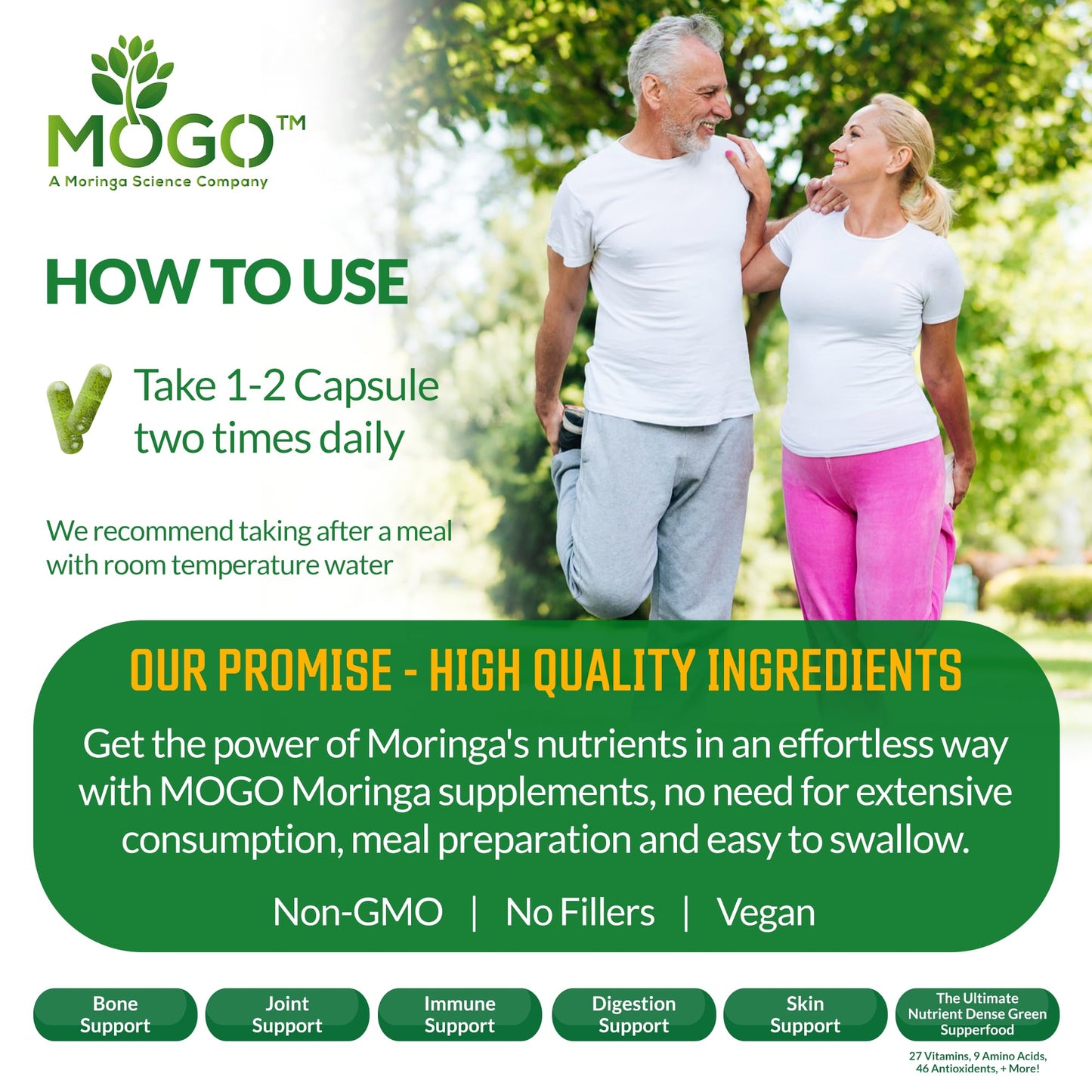 MOGO Moringa Capsules -180 Ct| Boost Energy, Immune, Gut, Joint Support | Made with Pure Organic Moringa Powder Organic Capsules | Made in USA - Maple Wellness Supplements