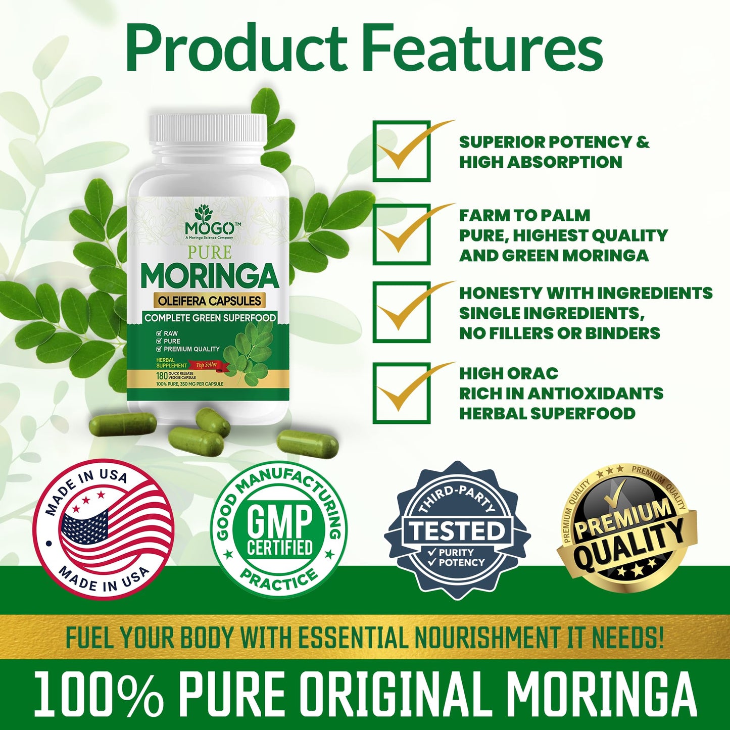 MOGO Moringa Capsules -180 Ct| Boost Energy, Immune, Gut, Joint Support | Made with Pure Organic Moringa Powder Organic Capsules | Made in USA - Maple Wellness Supplements
