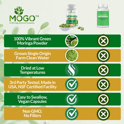 MOGO Moringa Capsules -180 Ct| Boost Energy, Immune, Gut, Joint Support | Made with Pure Organic Moringa Powder Organic Capsules | Made in USA - Maple Wellness Supplements