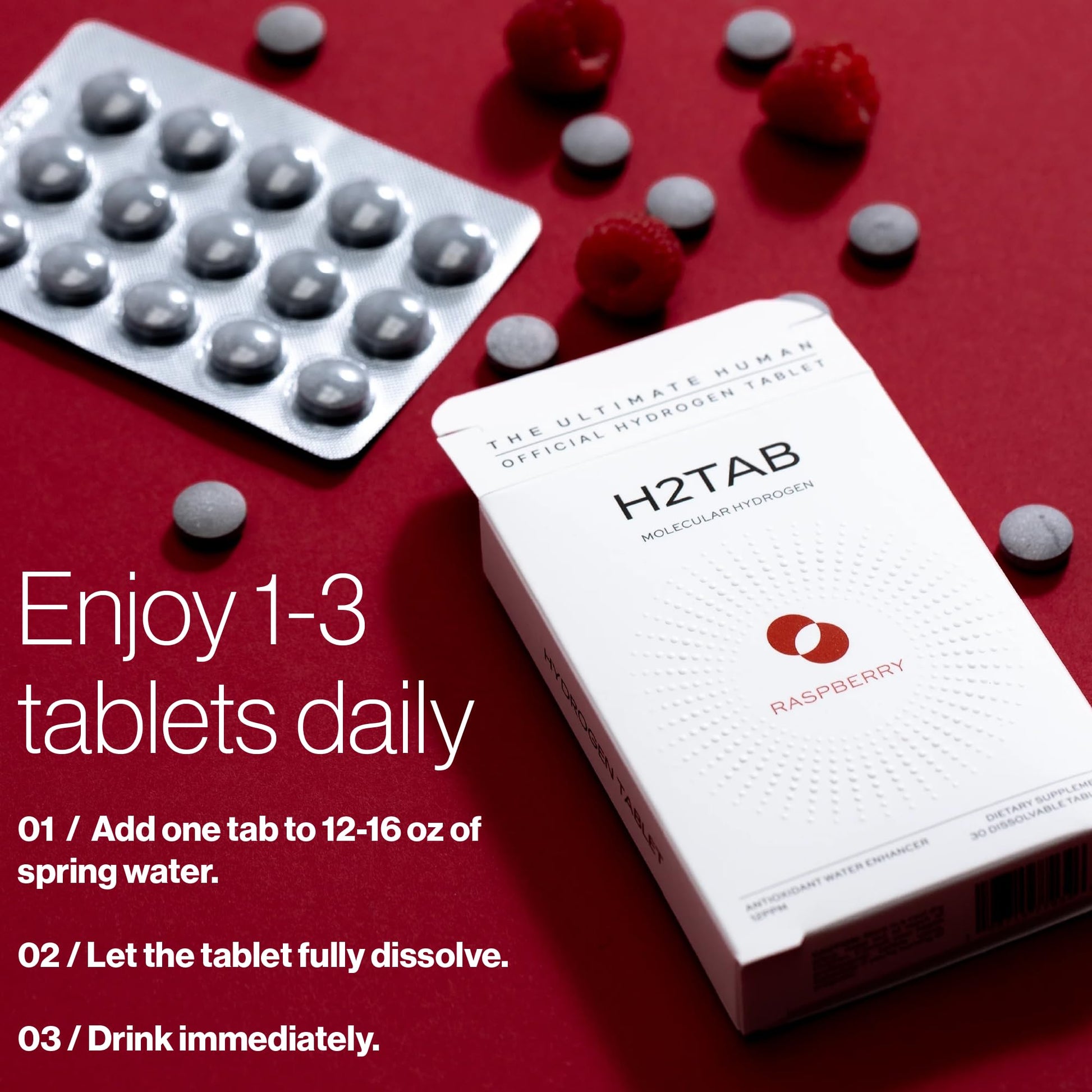 Molecular H2TAB Hydrogen Water Tablets with Magnesium -12 PPM Hydrogen Tablets for Drinking Water -Rich in Antioxidants, Supports Cellular Health, Recovery & Cognitive Function (30 Counts, Raspberry) - Maple Wellness Supplements