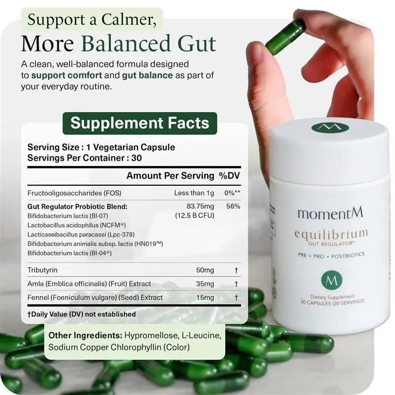 momentM Equilibrium 3-in-1 Probiotics for Women & Men Digestive Health, Prebiotics and Probiotics for Women with HOWARU Strains, Postbiotics & Fennel for Bloat & Gut Health,12.5B CFU, 30 Capsules - Maple Wellness Supplements