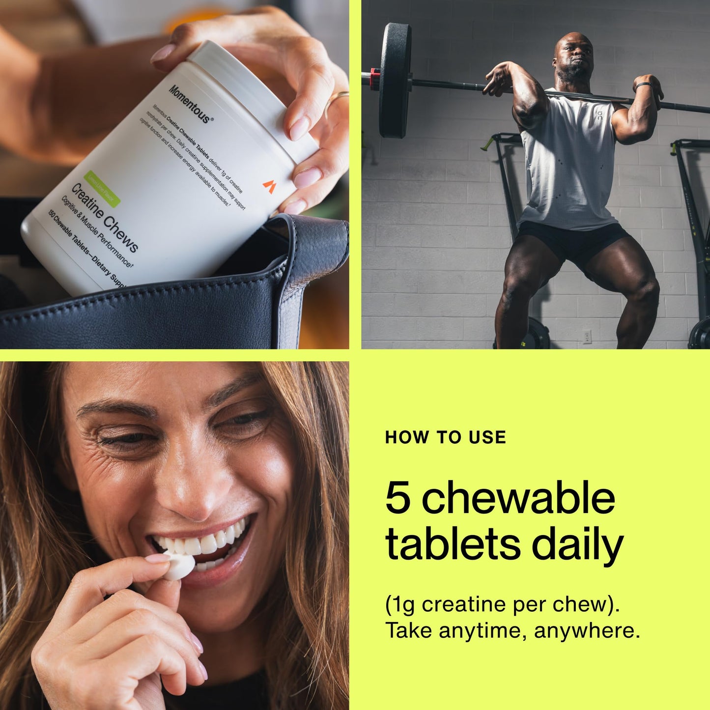 Momentous Creatine Chews - Creatine Monohydrate - Supports Strength, Lean Muscle, & Recovery for Men & Women - NSF Certified for Sport - 150 Chewable Tablets - Lemon Lime - Maple Wellness Supplements