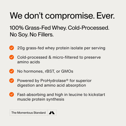 Momentous Essential Grass-Fed Whey Protein Powder - 20 g Whey Isolate Protein - NSF Certified for Sport - Gluten-Free - 25 Servings for Essential Everyday Use - Unflavored - Package May Vary - Maple Wellness Supplements