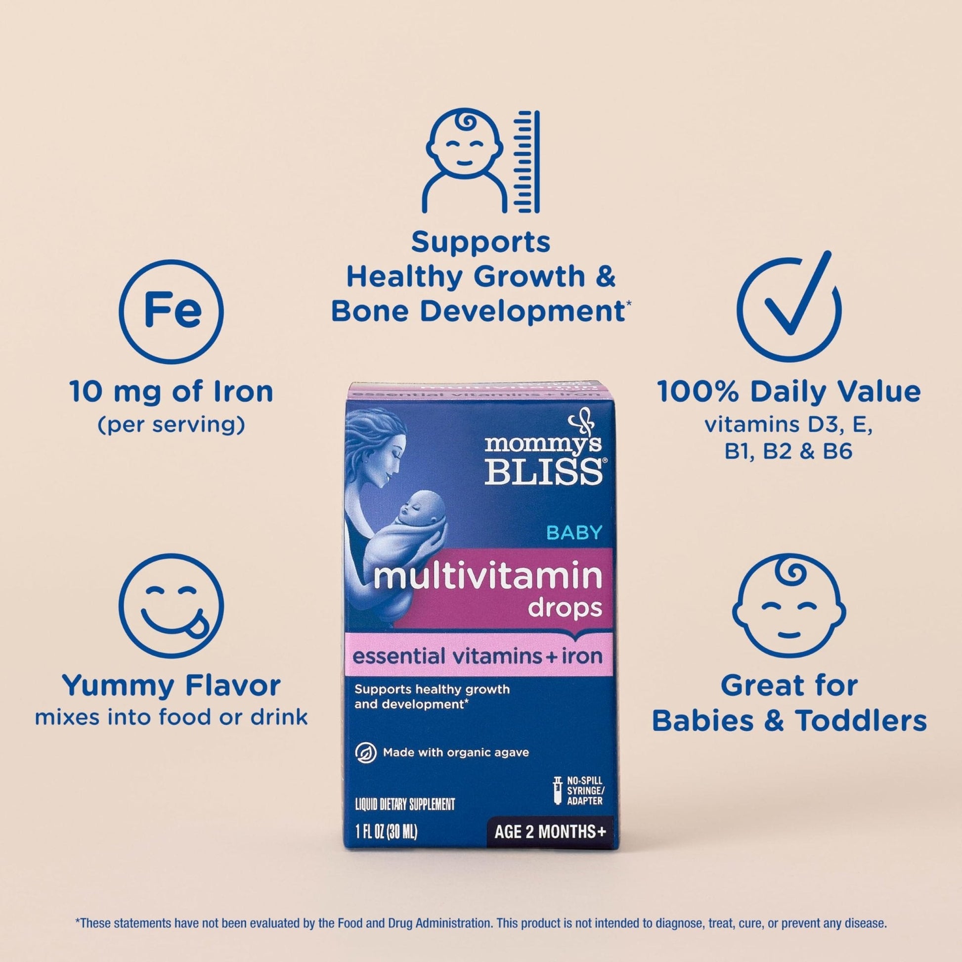 Mommy's Bliss Baby Multivitamin + Iron, Daily Essential Baby Vitamins for Immune Support, Healthy Growth & Bone Development, Age 2 Months+, 30 ml - Maple Wellness Supplements