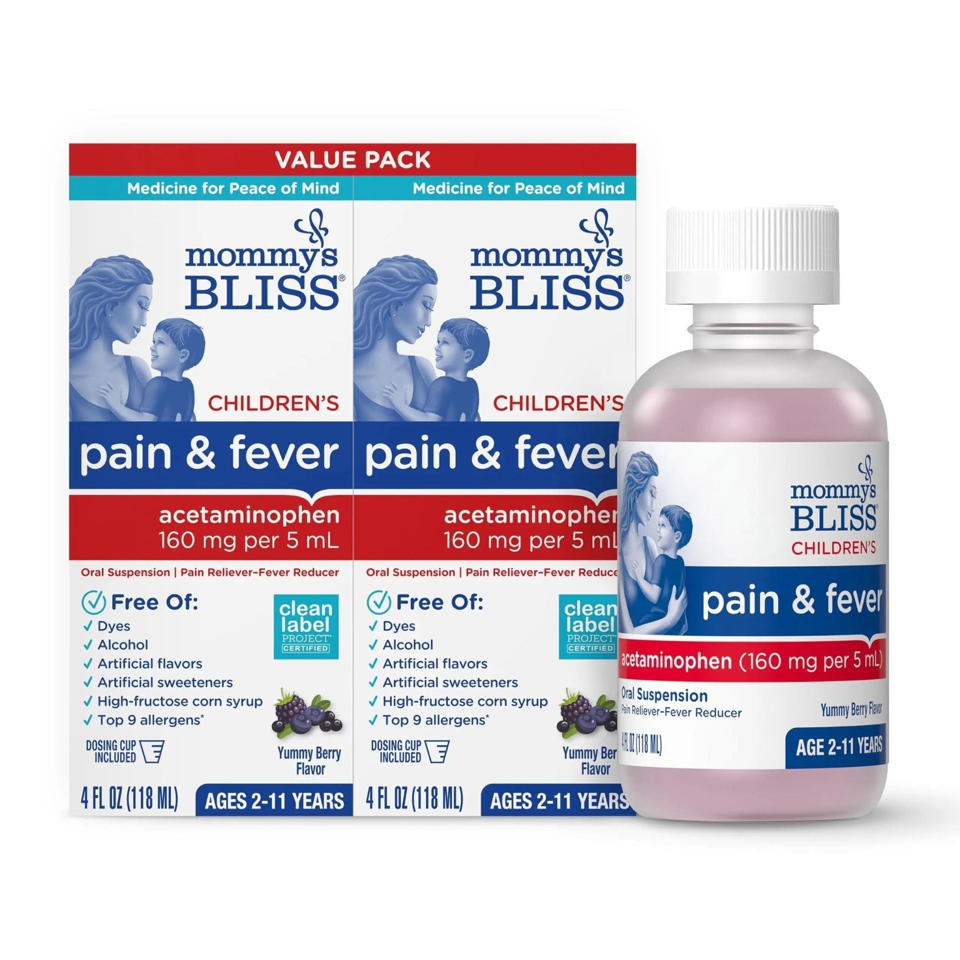 Mommy's Bliss Children's Pain and Fever Reducer, Kids Acetaminophen, Dye Free, Delicious Mixed Berry Flavor, Ages 2+, 4 Fluid Ounces (Pack of 2) - Maple Wellness Supplements