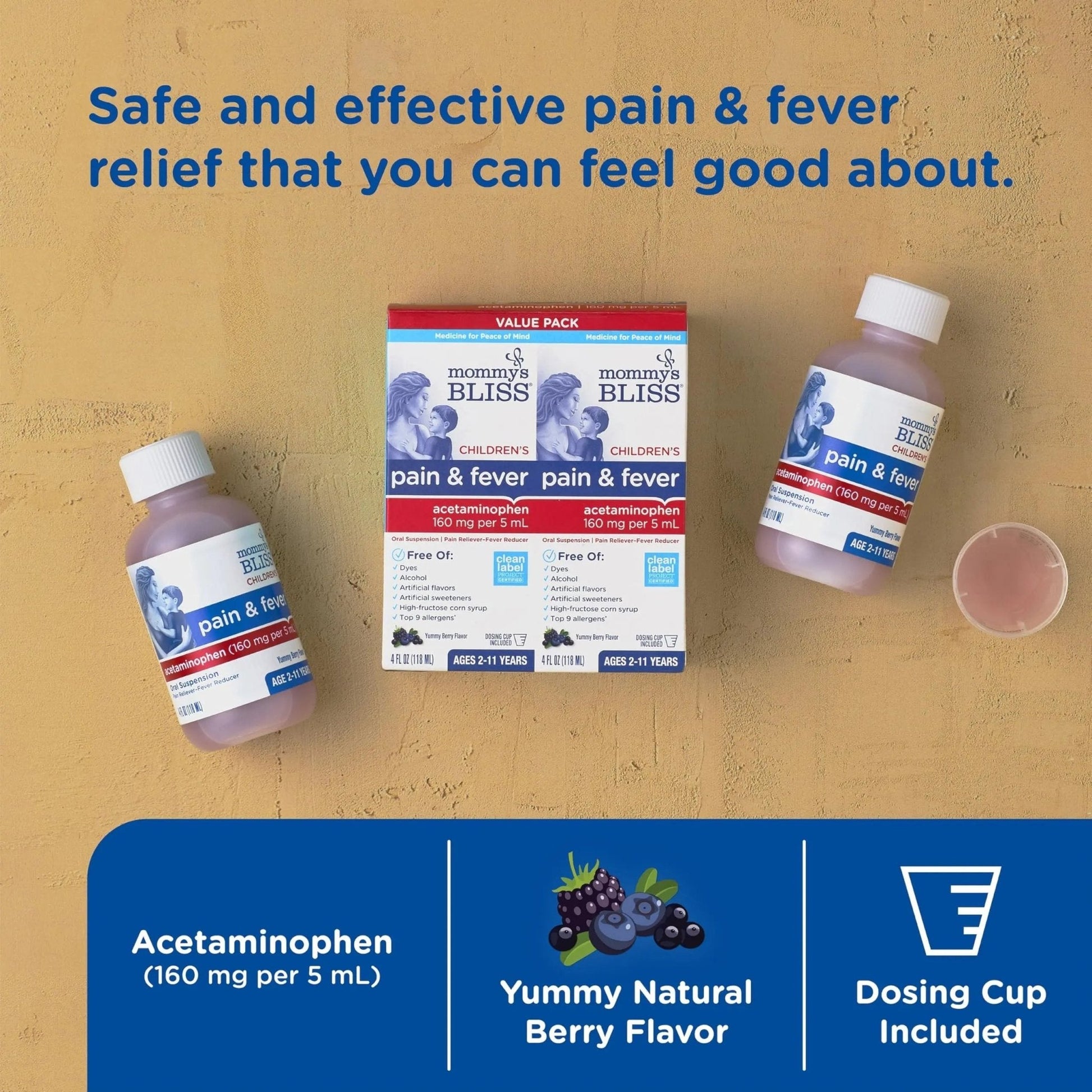 Mommy's Bliss Children's Pain and Fever Reducer, Kids Acetaminophen, Dye Free, Delicious Mixed Berry Flavor, Ages 2+, 4 Fluid Ounces (Pack of 2) - Maple Wellness Supplements