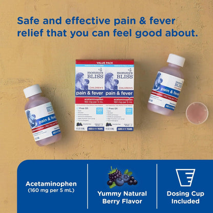 Mommy's Bliss Children's Pain and Fever Reducer, Kids Acetaminophen, Dye Free, Delicious Mixed Berry Flavor, Ages 2+, 4 Fluid Ounces (Pack of 2) - Maple Wellness Supplements