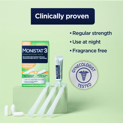 Monistat 3-Day Yeast Infection Treatment for Women, 3 Miconazole Vaginal Suppositories & External Itch Relief Cream (9g Tube) Combo Pack - Maple Wellness Supplements