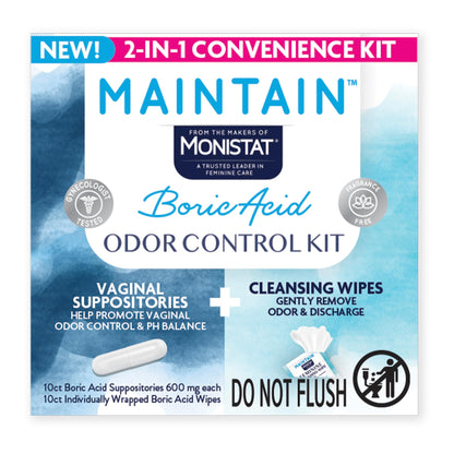 Monistat Maintain Boric Acid Odor Control Kit, 10 Feminine Wipes & 10 Boric Acid Suppositories for Women, Fragrance-Free and Non-Irritating pH Balanced Formulas to Control Vaginal Odor - Maple Wellness Supplements