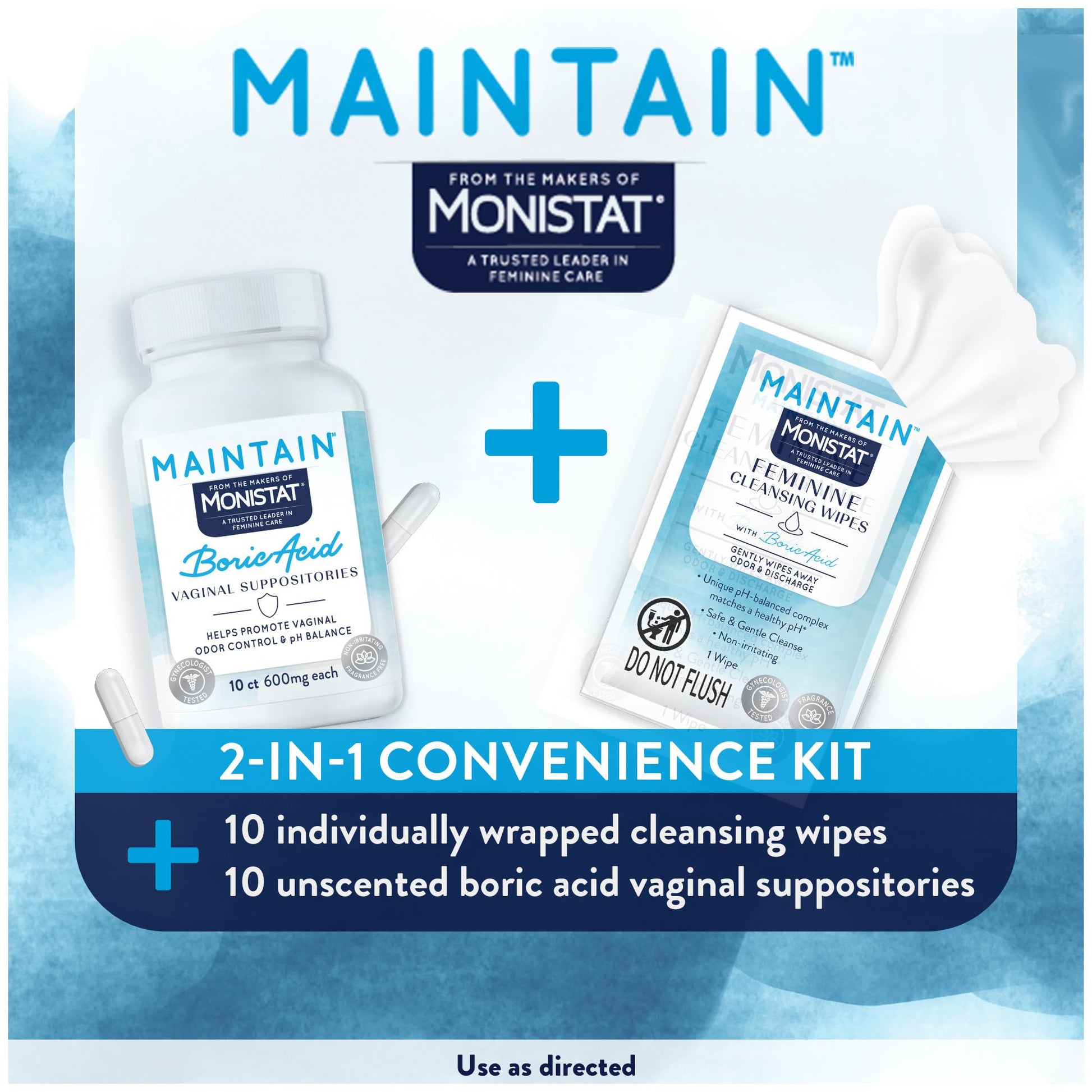 Monistat Maintain Boric Acid Odor Control Kit, 10 Feminine Wipes & 10 Boric Acid Suppositories for Women, Fragrance-Free and Non-Irritating pH Balanced Formulas to Control Vaginal Odor - Maple Wellness Supplements