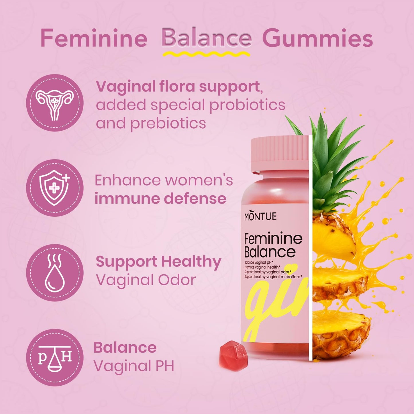 Montue Premium Diamond Feminine Balance Gummies-pH Balance with Prebiotics & Lactobacillus Probiotic Blend&Hawaiian Pineapple Immune Support,Vegan& Non-GMO（30 Gummies） - Maple Wellness Supplements