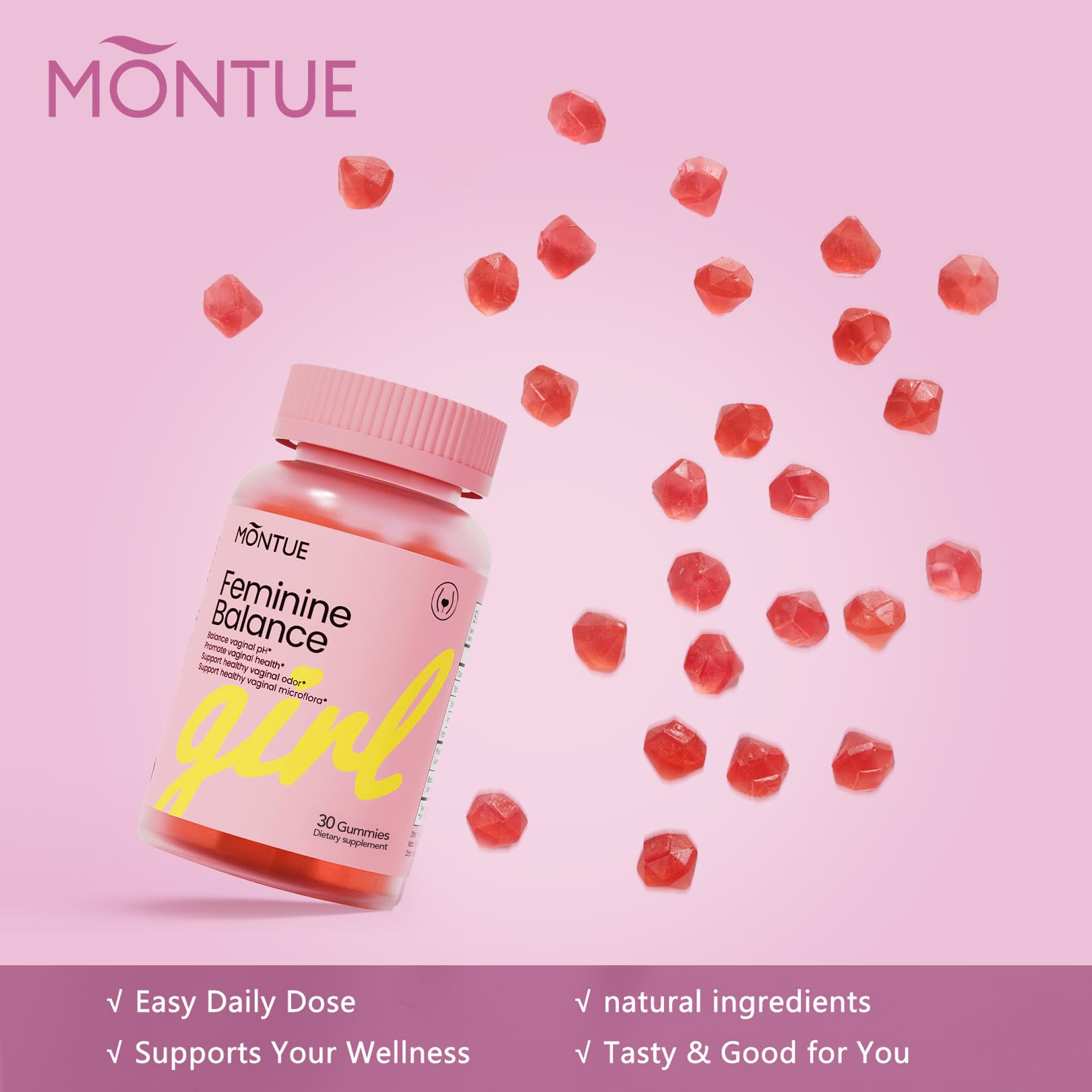 Montue Premium Diamond Feminine Balance Gummies-pH Balance with Prebiotics & Lactobacillus Probiotic Blend&Hawaiian Pineapple Immune Support,Vegan& Non-GMO（30 Gummies） - Maple Wellness Supplements