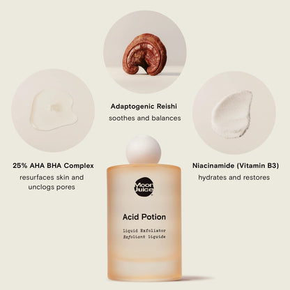 Moon Juice Acid Potion Liquid Face Exfoliator - 25% AHA BHA Exfoliant with Reishi + Niacinamide - Helps Resurface Skin, Unclog Pores, & Stimulate Collagen - Hydrates & Soothes Skin (3.3 Fl oz) - Maple Wellness Supplements