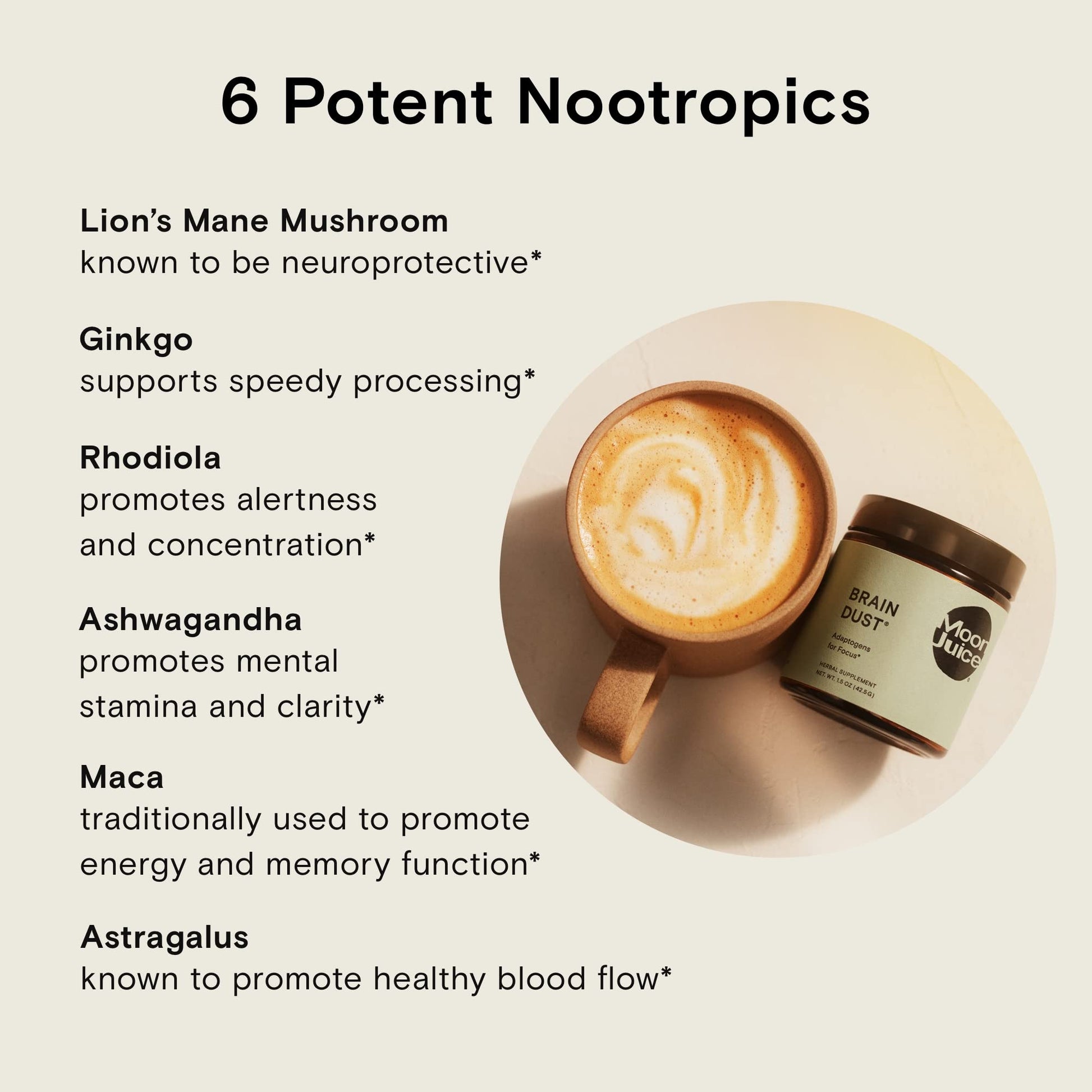 Moon Juice Brain Dust - Adaptogenic Mushroom Supplement for Memory & Focus - Lion’s Mane, Ginkgo Biloba & Ashwagandha - Caffeine-Free, Vegan Brain Supplement - 1.5 oz - Maple Wellness Supplements