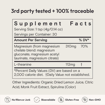 Moon Juice Magnesi-Om Magnesium Powder Supplement - Chelated Magnesium Complex + L-Theanine Blend for Rest, Relaxation & Regularity - Vegan, Non-GMO & No Sugar, Blue Lemon, 4.2 oz, 30 Servings - Maple Wellness Supplements