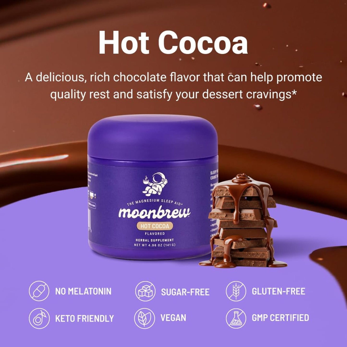 MoonBrew Nighttime Magnesium Hot Cocoa Jar, Natural Sleep Aid Drink Mix for Adults - Calming Melatonin-Free Sleep Support - Sleepy Hot Chocolate Powder with L-Theanine, - Maple Wellness Supplements
