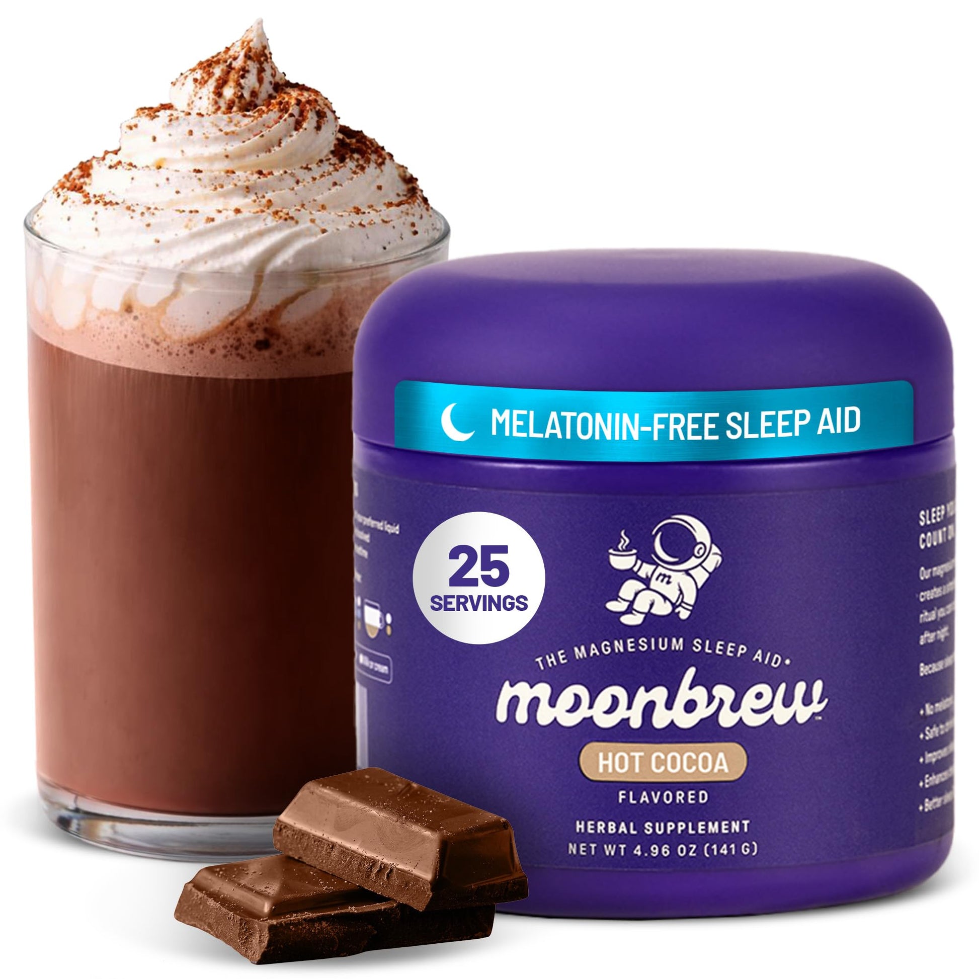MoonBrew Nighttime Magnesium Hot Cocoa Jar, Natural Sleep Aid Drink Mix for Adults - Calming Melatonin-Free Sleep Support - Sleepy Hot Chocolate Powder with L-Theanine, - Maple Wellness Supplements