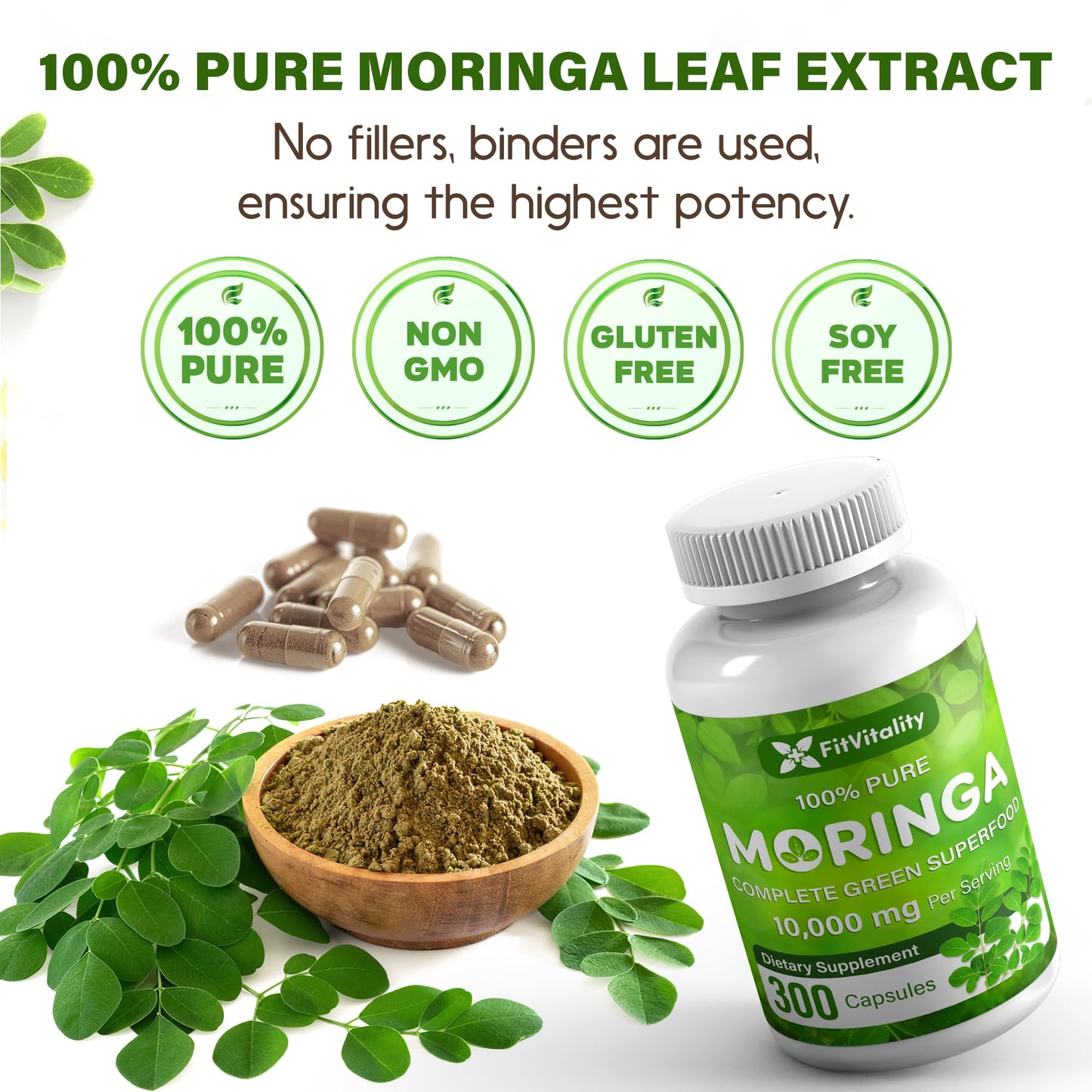 Moringa Capsules| Moringa Oleifera |10,000mg| 150 Capsules| 100% Pure| Non-GMO - Maple Wellness Supplements