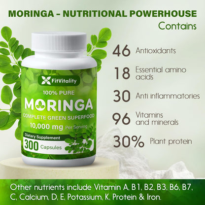 Moringa Capsules| Moringa Oleifera |10,000mg| 150 Capsules| 100% Pure| Non-GMO - Maple Wellness Supplements