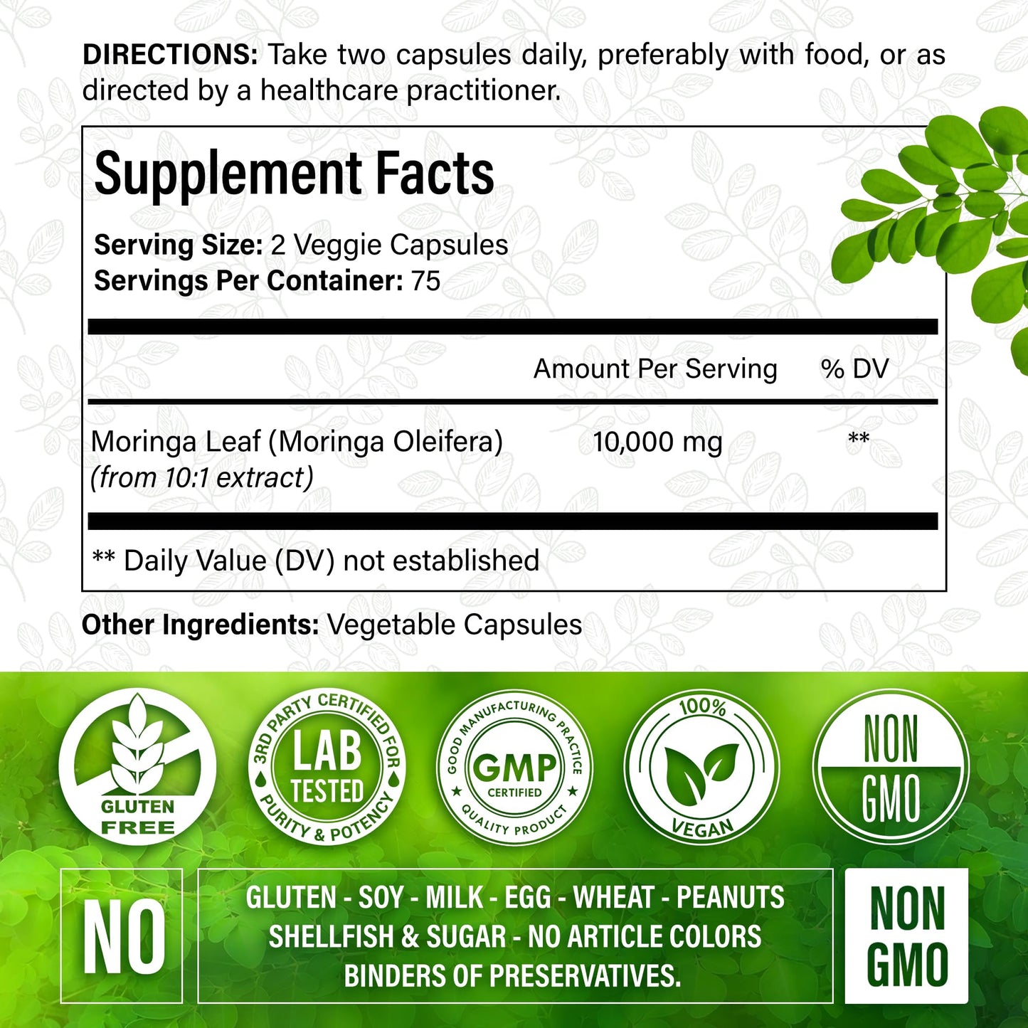 Moringa Capsules| Moringa Oleifera |10,000mg| 150 Capsules| 100% Pure| Non-GMO - Maple Wellness Supplements